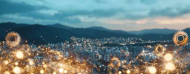 Futuristic gears and cogs set against a light gray and blue digital concept background, conveying a strong sense of technology themes