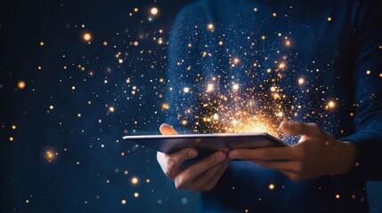 An entrepreneur is shown holding a tablet with a screen displaying global network and social media icons, illustrating a technology concept for online marketing or business development