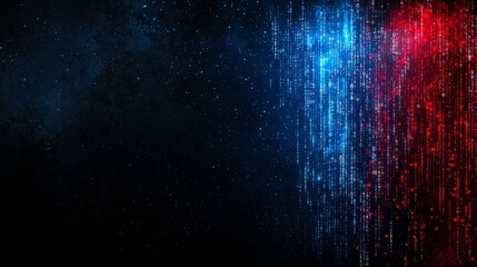 The abstract digital background is set against a dark backdrop and features a cascade of green and red binary code