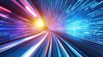 Abstract tunnel of digital data streams moving at high speed, showcasing futuristic technology and data flow. Possible use Stock photo for technology, business, and web design