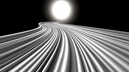 a futuristic silver road leads toward a bright celestial light source