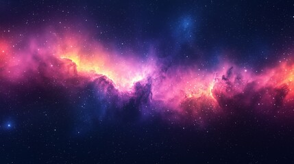Wall Mural - Vibrant nebula with pink and orange clouds in deep space. Cosmic gas formation with glowing stars. Interstellar scene with bright purple hues. Expansive structure in dark universe.