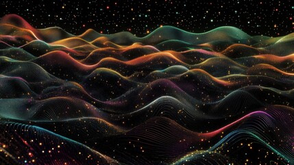 Wall Mural - A background of swirling, multicolored, wavy lines and dots with stars in black, green, purple, blue, and white colors.