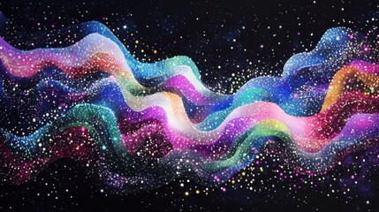 Wall Mural - A background of swirling, multicolored, wavy lines and dots with stars in black, green, purple, blue, and white colors.
