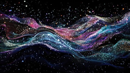 Wall Mural - A background of swirling, multicolored, wavy lines and dots with stars in black, green, purple, blue, and white colors.