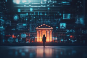 Leinwandbilder - Person standing in front of a building with a bright digital interface in the background creating a futuristic scene