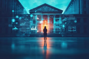 Leinwandbilder - Person standing in front of a building with an eye-catching digital interface creating a modern and engaging atmosphere