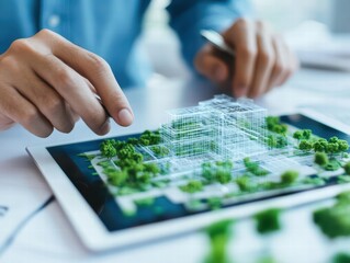 Aufkleber - An architect engaged with a tablet displaying a house model for design analysis and visualization purposes