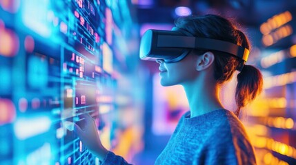 Aufkleber - A woman wearing virtual reality headset engaged in immersive experience in a professional technology setting