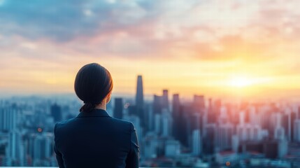 Poster - A woman looking at a cityscape from a high point reflecting on opportunities and ambitions in a professional setting