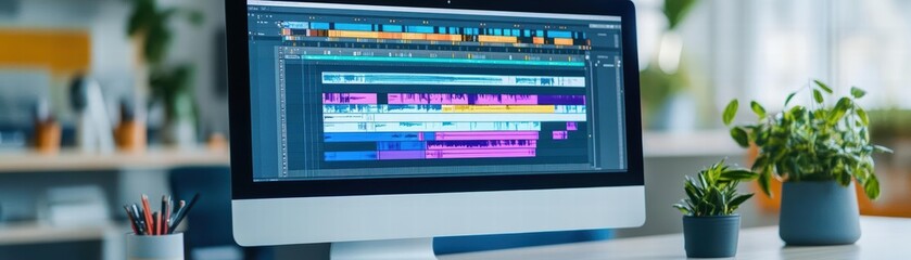 Fototapete - Computer screen displaying a video editing program in a professional workspace setting with creative tools