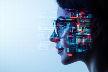 Aufkleber - Profile view of a woman with a digital interface in the background highlighting professional technology engagement