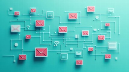 Leinwandbilder - A blue background featuring a series of white email icons creating a visual representation of digital communication