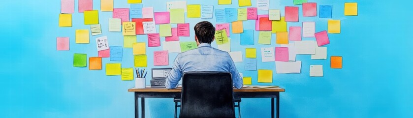 Poster - A man concentrating at his desk surrounded by colorful sticky notes and a laptop in a creative workspace environment