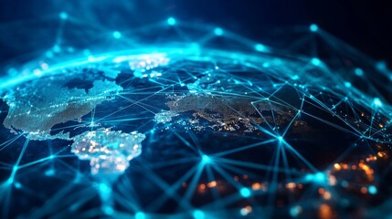Fototapete - A D illustration of a global information network with lines connecting different cities around the world.