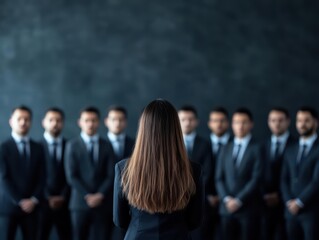 Poster - Woman with long hair standing confidently in front of a group of people during a presentation or meeting