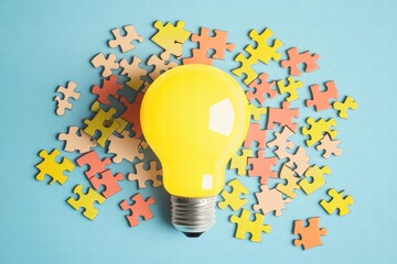 Aufkleber - Bright yellow light bulb surrounded by colorful puzzle pieces symbolizing ideas and creative problem solving concepts