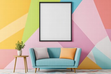 Poster - Colorful wall composition featuring a blue chair and lively plant creating a cozy and inviting atmosphere