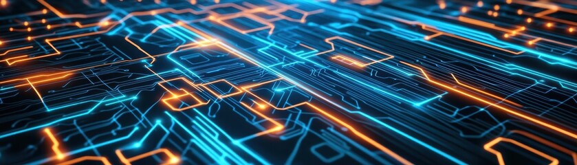 Fototapete - Abstract illustration of a circuit board highlighted with blue and orange lights creating a futuristic technology design