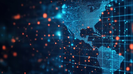 Poster - An intricate world map illustrated against a striking blue background representing global connectivity and information flow