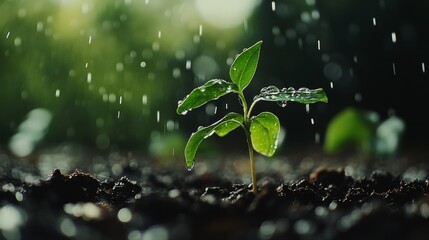Poster - A close-up of raindrops falling onto a fresh green seedling, highlighting the beauty of nature.