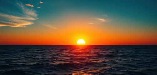 Wall Mural - massive sun dipping below a vast, vibrant ocean at sunset, color, evening