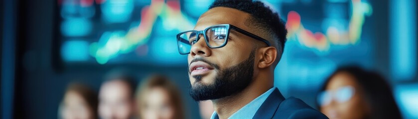 Poster - African american businessman with glasses analyzing data on a screen in a corporate office environment