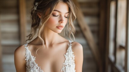 Aufkleber - A young woman in a delicate bridal gown stands thoughtfully in a rustic indoor location, bathed in soft, natural light.