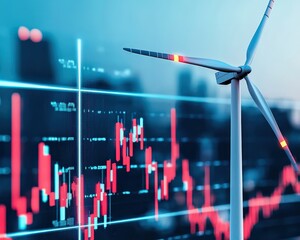Wall Mural - a wind turbine in the distance with a contrasting fossil fuel price comparison graph.
