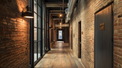 Poster - A loft-style hallway with exposed brick walls, industrial lighting, and wooden floors.