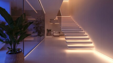 Poster - A modern hallway with a floating staircase and ambient LED lighting.