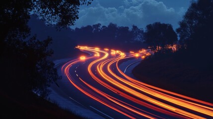 Aufkleber - A road with heavy traffic at night, with headlights and tail lights forming a trail of light on the asphalt.
