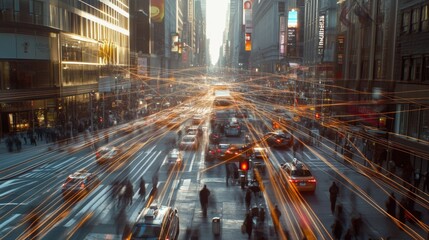 Leinwandbilder - A wide shot of a bustling city with virtual lines overlaid, representing a high-speed information network connecting people.