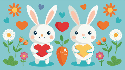 Poster - Colorful cartoon rabbits holding hearts among flowers and carrots in a cheerful spring illustration