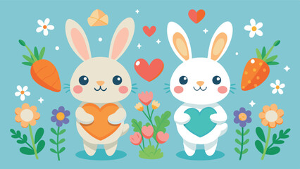 Poster - Colorful cartoon rabbits holding hearts among flowers and carrots in a cheerful spring illustration