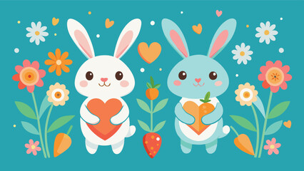 Poster - Colorful cartoon rabbits holding hearts among flowers and carrots in a cheerful spring illustration