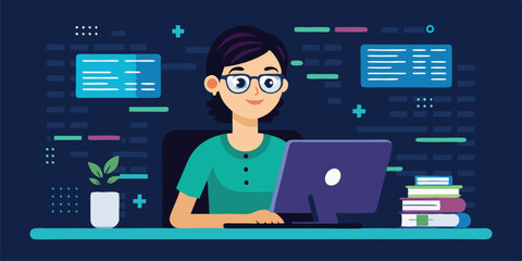 Leinwandbilder - Professional woman working on a laptop surrounded by books and plant illustration in a modern digital workspace environment