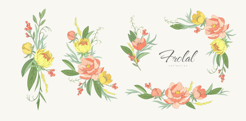 Wall Mural - set of colorful various flowers and foliage in boutonniere or bouquet, intricate details and delicat