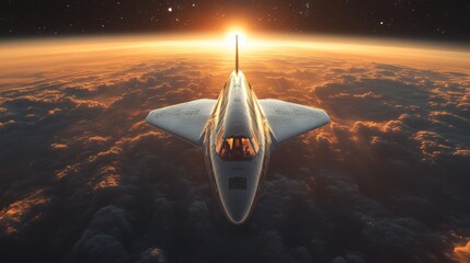 Aufkleber - A spaceplane ascends into hypersonic flight, leaving the clouds behind as it glides toward the horizon. The sunset creates a stunning backdrop against the aircraft.