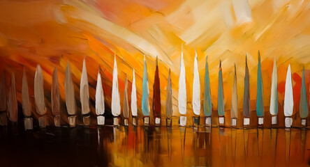 Aufkleber - Abstract painting features vertical forms in white, blue, and brown against a warm backdrop of orange and yellow hues.  Reflections are visible below.