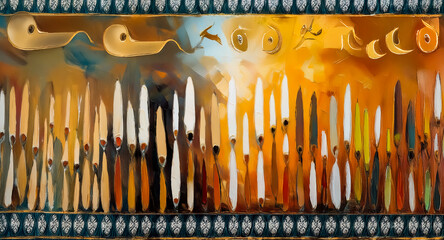 Aufkleber - Abstract painting featuring vertical, flame-like brushstrokes in warm hues of orange, yellow, and brown. Decorative borders frame the top and bottom edges of the artwork.