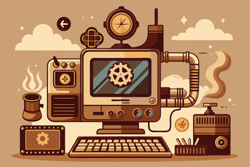 Aufkleber - Vintage-inspired vector illustration of a retro computer setup with mechanical elements and steampunk design features integrated in a unique arrangement