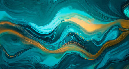 Leinwandbilder - Abstract fluid art featuring swirling teal and gold waves. A dynamic and mesmerizing design with smooth transitions and elegant movement.