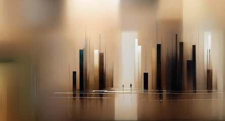 Aufkleber - Abstract cityscape with blurry buildings and two figures in the distance, rendered in warm brown and beige tones.  The scene evokes a sense of urban solitude and motion.