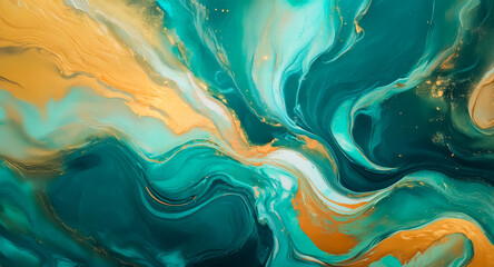 Aufkleber - Abstract fluid art featuring swirls of teal and gold creates a dynamic, marbled effect. The colors blend and flow smoothly, evoking a sense of movement.