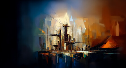 Aufkleber - Abstract cityscape with tall central structure reflecting in water. Dark, moody tones with bright highlights create an artistic, evocative scene.