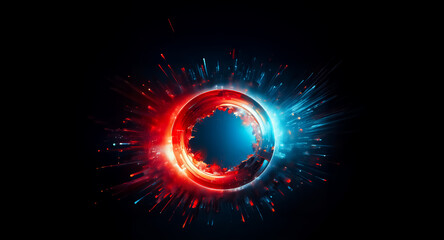 Poster - Vibrant circular design with red and blue light bursts against a dark background. Energy radiates outward in a dynamic, abstract style.