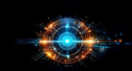 Aufkleber - Vibrant circular abstract with glowing blue and orange light bursts, radiating energy and futuristic tech elements against a dark background.