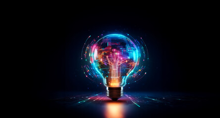 Aufkleber - A glowing lightbulb emanates vibrant, colorful digital energy on a dark background.  Bright particles swirl around the bulb, suggesting innovation and technological ideas.