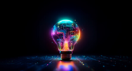 Aufkleber - Illuminated lightbulb with vibrant, glowing circuits inside, casting colorful reflections on a dark surface. Bright, neon lights create a futuristic design.